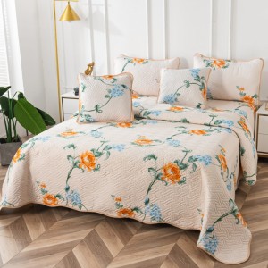 Cuvertură Pat Dublu, Bumbac Matlasat, 230x250 cm, 2 fete de perna 60x80cm, 2 fete de perna 55x55cm, Crem, Flori