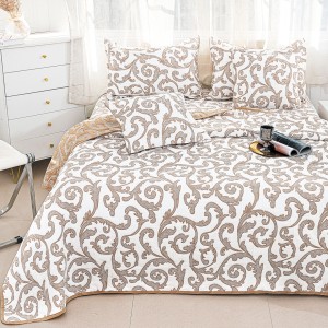 Cuvertură Pat Dublu, Bumbac cu In, Model Brodat Direct în Tesătură, 230x250 cm, 2 fete de perna 52x72cm, 2 fete de perna 46x46cm, Alb, Maro, Model Elegant