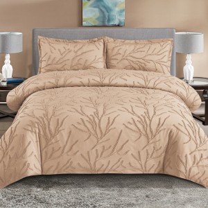 Lenjerie de Pat Premium, Bumbac Finet, Smocuri Brodate, 4 Piese, cu ELASTIC, Nesifonabilă și Durabilă, Tree, Cappuccino