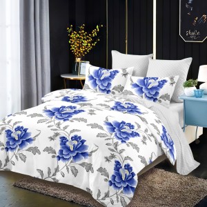 Lenjerie pat dublu,  FINET, cu elastic, 6 piese, Alb, Albastru, Flori