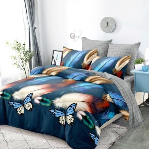 Lenjerie Pat Dublu, FINET, 6 piese, Gri, Albastru, Pene, Fluturi Lenjerie Pat Dublu, FINET, 6 piese, Gri, Albastru, Pene, Fluturi