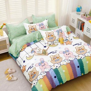 Lenjerie pat dublu, bumbac satinat,  cu elastic, Alb, Verde, iepurasi