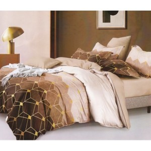 Lenjerie pat dublu, bumbac satinat, cu doua feţe, 4 piese,  Bej, Maro, forme geometrice