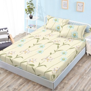 Cearsaf cu elastic, Bumbac FINET, 160x200cm, 2 fete de perne 50x70cm, Bej, Flori