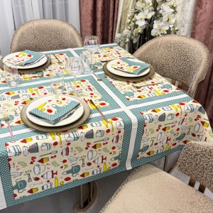 Set Față de Masă din Bumbac Imprimat cu 6 Șervețele – Eleganță și Calitate pentru Mese Perfecte, Crem, Kitchen Set Față de Masă din Bumbac Imprimat cu 6 Șervețele – Eleganță și Calitate pentru Mese Perfecte, Crem, Kitchen