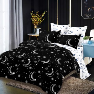 Lenjerie pat dublu,  FINET, cu elastic, 6 piese, Alb, Negru, Stele si Luna