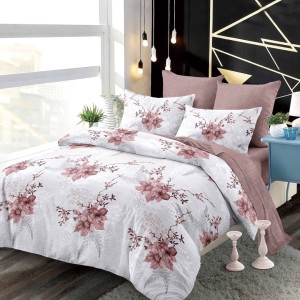 Lenjerie pat dublu,  FINET, cu elastic, 6 piese, Alb, Roz, Inimioare