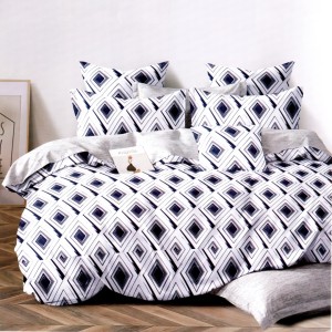 Lenjerie pat dublu, bumbac satinat, cu doua feţe, 4 piese,  Alb, Bleumarin, Romburi