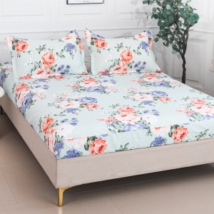 Cearșaf cu Elastic 180x200 cm + 2 Fețe de Pernă 50x70 cm, Menta, Flori