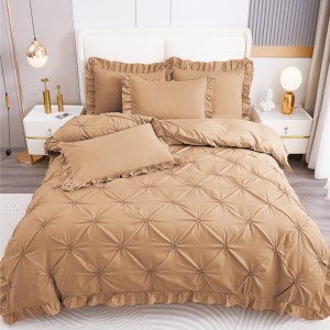 Lenjerie de Pat Premium, Bumbac Finet, Pliuri Brodate cu Volanase, 4 Piese, Nesifonabilă și Durabilă, Maro