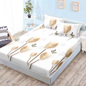 Cearsaf cu elastic, Bumbac FINET, 160x200cm, 2 fete de perne 50x70cm, Gri, Bej, Lalele, Fluturi