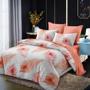 Lenjerie pat dublu,  FINET, cu elastic, 6 piese, Gri, Somon, Pene de Paun