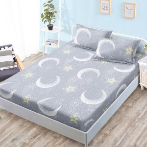 Cearsaf cu elastic, Bumbac FINET, 160x200cm, 2 fete de perne 50x70cm, Gri, Galben, Luna si Stele