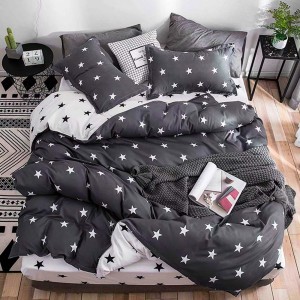 Lenjerie pat dublu, bumbac satinat,  cu elastic, Alb, Gri, stelute