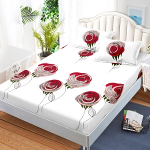 Cearsaf cu elastic, Bumbac FINET, 160x200cm, 2 fete de perne 50x70cm, Alb, Rosu, Flori