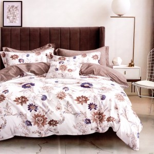 Lenjerie pat dublu, bumbac satinat, cu doua feţe, 4 piese,  Alb, Bej, Flori