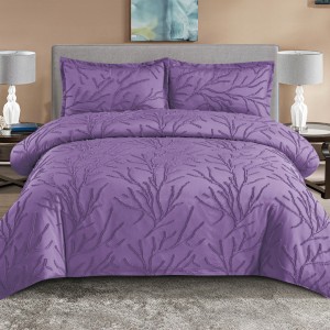 Lenjerie de Pat Premium, Bumbac Finet, Smocuri Brodate, 4 Piese, cu ELASTIC, Nesifonabilă și Durabilă, Tree, Mov