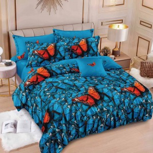 Lenjerie pat dublu,  FINET, 6 piese, cu ELASTIC, Albastru, fluturi portocalii