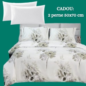 Lenjerie de Pat 4 Piese din Bumbac Satinat cu Cearșaf cu Elastic + 2 Perne Cadou 50x70 cm, cod INS-LSG154