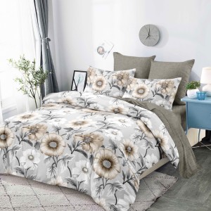 Lenjerie pat dublu,  FINET, cu elastic, 6 piese, Gri, Flori