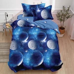 Lenjerie pat 1 PERSOANA,  FINET, 4 piese, cu ELASTIC, Albastru, planete, spatiul cosmic