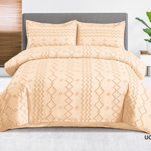 Lenjerie de Pat Premium, Bumbac Finet, Smocuri Brodate, 4 Piese, Nesifonabilă și Durabilă, Zig-Zag, Bej deschis