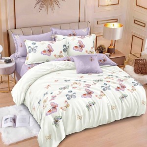 Lenjerie pat dublu,  FINET, 6 piese, cu ELASTIC, Lila, fluturi