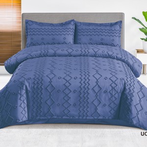 Lenjerie de Pat Premium, Bumbac Finet, Smocuri Brodate, 4 Piese, Nesifonabilă și Durabilă, Zig-Zag, Albastru