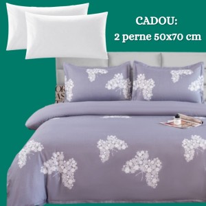 Lenjerie de Pat 4 Piese din Bumbac Satinat cu Cearșaf cu Elastic + 2 Perne Cadou 50x70 cm, cod INS-LSG106