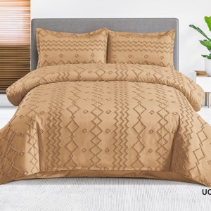 Lenjerie de Pat Premium, Bumbac Finet, Smocuri Brodate, 4 Piese, Nesifonabilă și Durabilă, Zig-Zag, Bej inchis