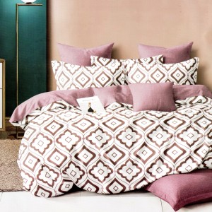 Lenjerie pat dublu, bumbac satinat, cu doua feţe, 4 piese,  Alb, Lila, Model Elegant