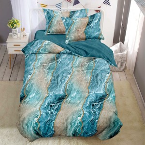 Lenjerie pat 1 PERSOANA, FINET, 4 piese, Bleu, Bej, valuri abstract