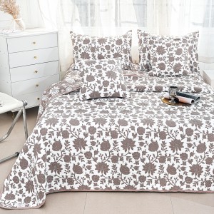 Cuvertură Pat Dublu, Bumbac cu In, Model Brodat Direct în Tesătură, 230x250 cm, 2 fete de perna 52x72cm, 2 fete de perna 46x46cm, Alb, Maro, Flori