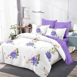 Lenjerie pat dublu,  FINET, cu elastic, 6 piese, Alb, Lila, Flori