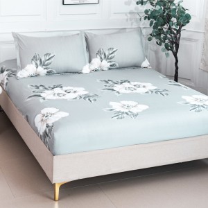 Cearșaf cu Elastic 180x200 cm + 2 Fețe de Pernă 50x70 cm, Gri, Flori Albe