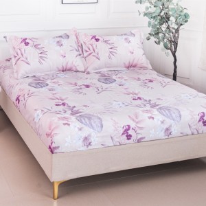 Cearșaf cu Elastic 180x200 cm + 2 Fețe de Pernă 50x70 cm, Roz, Frunze Lila si Flori