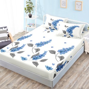 Cearsaf cu elastic, Bumbac FINET, 160x200cm, 2 fete de perne 50x70cm, Crem, Albastru, Flori