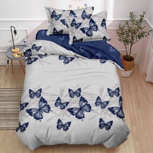 Lenjerie pat 1 PERSOANA,  FINET, 4 piese, cu ELASTIC, Albastru, fluturi