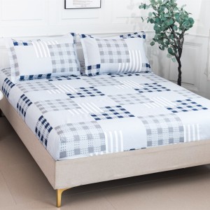 Cearșaf cu Elastic 180x200 cm + 2 Fețe de Pernă 50x70 cm, Gri, Albastru, Carouri