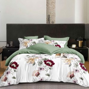 Lenjerie Pat Dublu,  FINET, 6 piese, Alb, Verde, flori