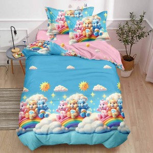 Lenjerie pat 1 PERSOANA,  FINET, 4 piese, cu ELASTIC, Bleu, Roz, ursuleti, curcubeu