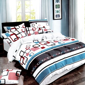 Lenjerie pat dublu, bumbac satinat, cu doua feţe, 4 piese,  Alb, Albastru, Gri, Forme Geometrice