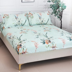 Cearșaf cu Elastic 180x200 cm + 2 Fețe de Pernă 50x70 cm, Aqua, Flori