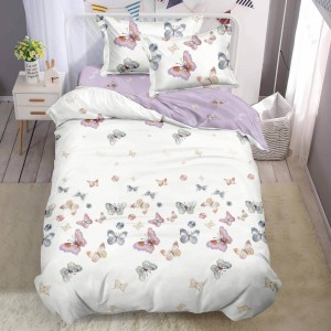 Lenjerie pat 1 PERSOANA,  FINET, 4 piese, cu ELASTIC, Lila, fluturi