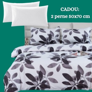 Lenjerie de Pat 4 Piese din Bumbac Satinat cu Cearșaf cu Elastic + 2 Perne Cadou 50x70 cm, cod INS-LSG114