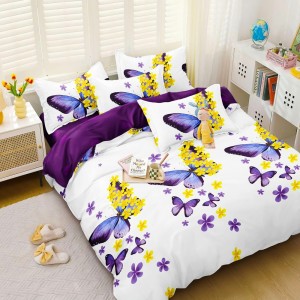 Lenjerie pat dublu cu doua feţe, bumbac satinat, 4 piese,  Alb, Mov, fluturi