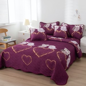 Cuvertură Pat Dublu, Bumbac Matlasat, 230x250 cm, 2 fete de perna 60x80cm, 2 fete de perna 55x55cm, Mov, Inimioare, Bufnite