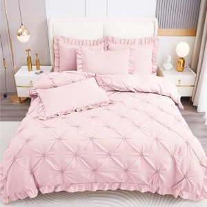 Lenjerie de Pat Premium, Bumbac Finet, Pliuri Brodate cu Volanase, 4 Piese, Nesifonabilă și Durabilă, Roz Pal