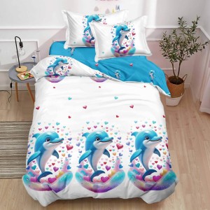 Lenjerie pat 1 PERSOANA,  FINET, 4 piese, cu ELASTIC, Alb, Bleu, delfini