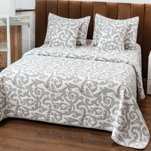 Cuvertură Pat Dublu, Bumbac cu In, Model Brodat Direct în Tesătură, 230x250 cm, 2 fete de perna 52x72cm, 2 fete de perna 46x46cm, Alb, Bej, Model Tribal